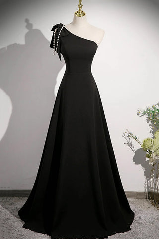 Black Satin A Line One Shoulder Long Prom Dresses, Long Black Formal Graduation Evening Dresses WT1660