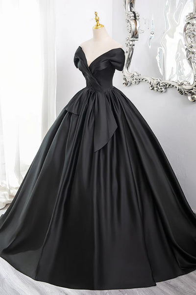 Black Satin A Line V Neck Off Shoulder Long Prom Dresses, Off the Shoulder Black Formal Evening Dresses WT1568