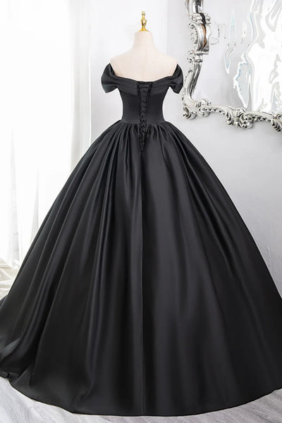 Black Satin A Line V Neck Off Shoulder Long Prom Dresses, Off the Shoulder Black Formal Evening Dresses WT1568