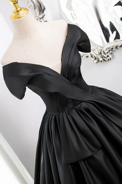 Black Satin A Line V Neck Off Shoulder Long Prom Dresses, Off the Shoulder Black Formal Evening Dresses WT1568