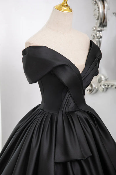 Black Satin A Line V Neck Off Shoulder Long Prom Dresses, Off the Shoulder Black Formal Evening Dresses WT1568