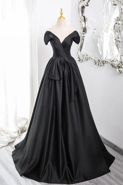 Black Satin A Line V Neck Off Shoulder Long Prom Dresses, Off the Shoulder Black Formal Evening Dresses WT1568