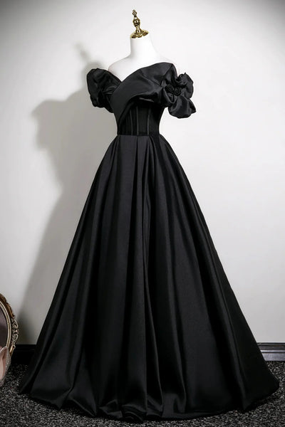 Black Satin Off the Shoulder Long Prom Dresses, Off Shoulder Black Formal Graduation Evening Dresses WT1684