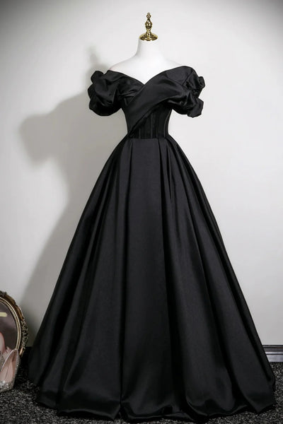Black Satin Off the Shoulder Long Prom Dresses, Off Shoulder Black Formal Graduation Evening Dresses WT1684