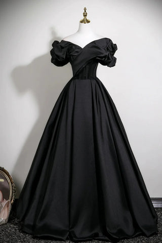 Black Satin Off the Shoulder Long Prom Dresses, Off Shoulder Black Formal Graduation Evening Dresses WT1684