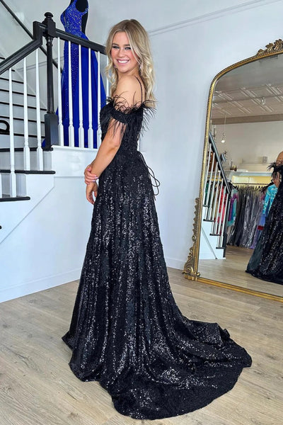 Black Sequins Shiny V Neck Off the Shoulder Long Prom Dresses with High Slit, Off Shoulder Black Formal Evening Dresses WT1372