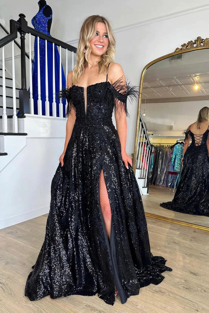 Black Sequins Shiny V Neck Off the Shoulder Long Prom Dresses with Hig Lwt Dress Black Sequins Shiny V Neck Off the Shoulder Long Prom Dresses with Hig Lwt Dress