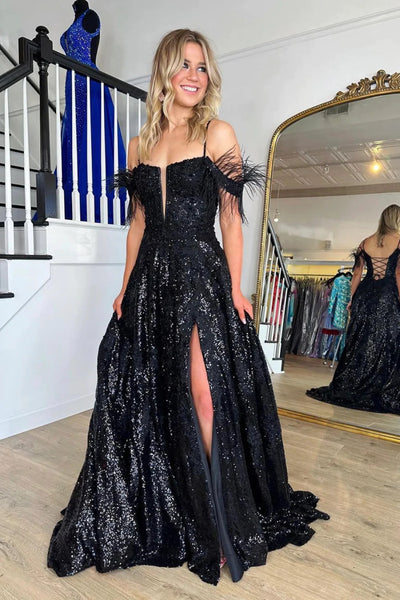 Black Sequins Shiny V Neck Off the Shoulder Long Prom Dresses with High Slit, Off Shoulder Black Formal Evening Dresses WT1372