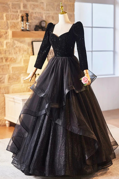 Black Shiny Long Sleeves Floor Length Long Prom Dresses, Long Black Formal Evening Dresses, Ball Gown WT1573