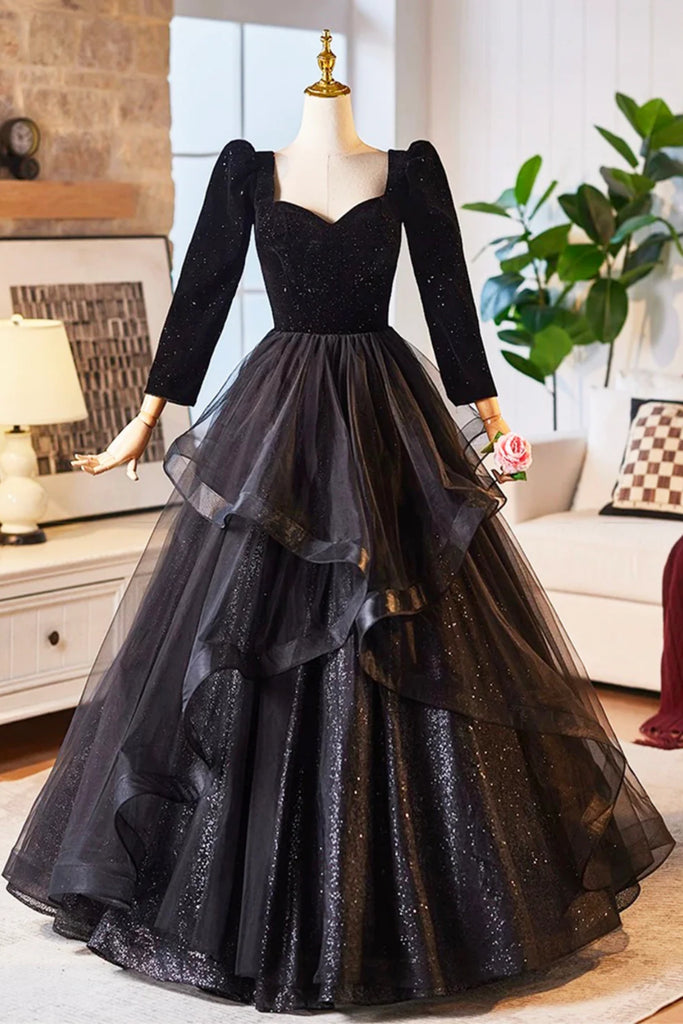 Black Shiny Long Sleeves Floor Length Long Prom Dresses, Long Black Fo
