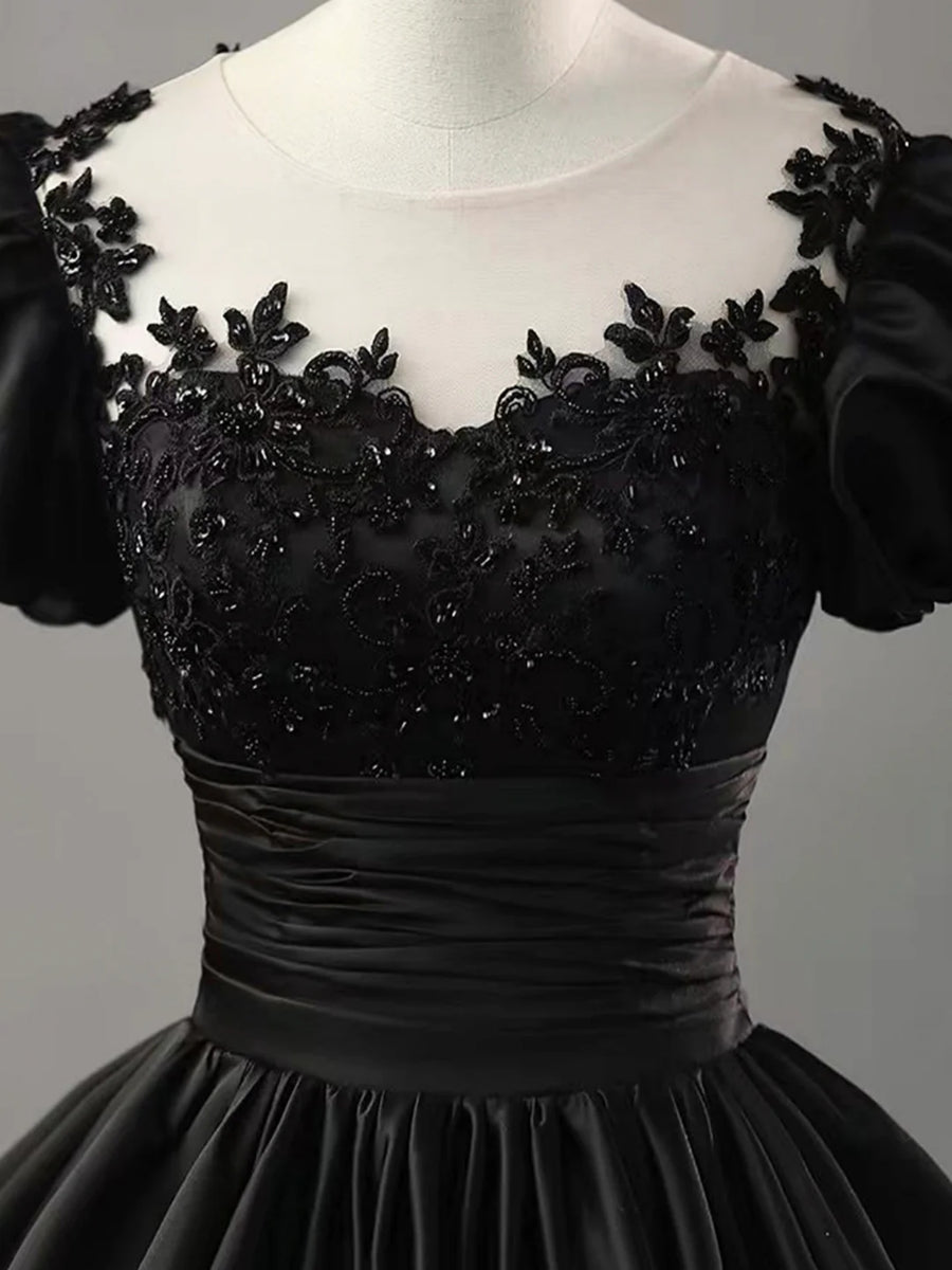 Black Short Sleeves Round Neck Lace Top Long Prom Dresses, Black Lace
