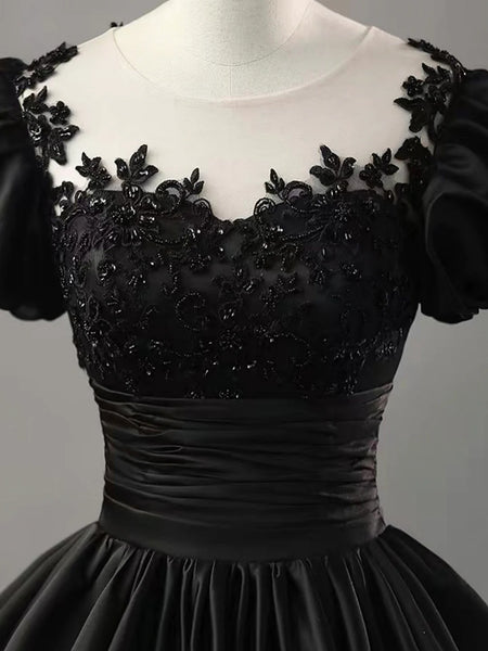 Black Short Sleeves Round Neck Lace Top Long Prom Dresses, Black Lace Formal Evening Dresses WT1362