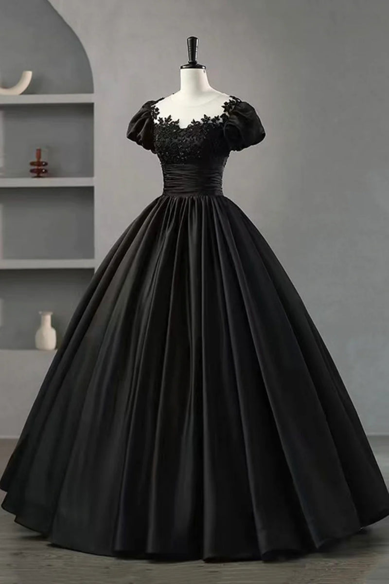 Black Short Sleeves Round Neck Lace Top Long Prom Dresses, Black Lace ...