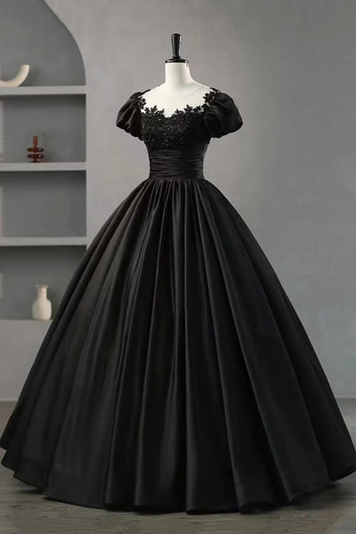 Black Short Sleeves Round Neck Lace Top Long Prom Dresses, Black Lace Formal Evening Dresses WT1362