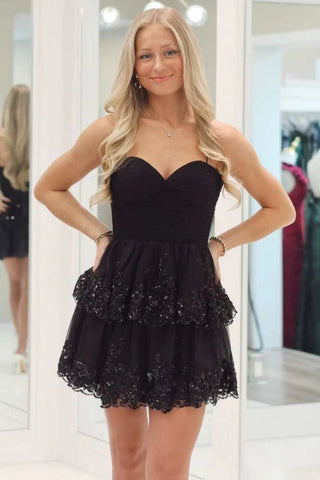 Black Sweetheart Neck Layered Lace Prom Dresses, Short Black Lace Homecoming Dresses, Black Formal Graduation Evening Dresses WT1526