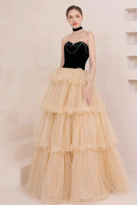 Black Top Champagne Tulle Layered Long Prom Dresses, Champagne Formal Graduation Evening Dresses WT1290