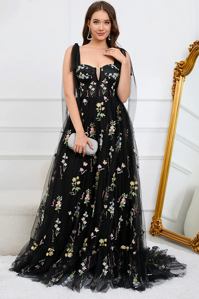Black Tulle A Line V Neck Long Prom Dresses with Appliques, Long Black Lwt Dress Black Tulle A Line V Neck Long Prom Dresses with Appliques, Long Black Lwt Dress