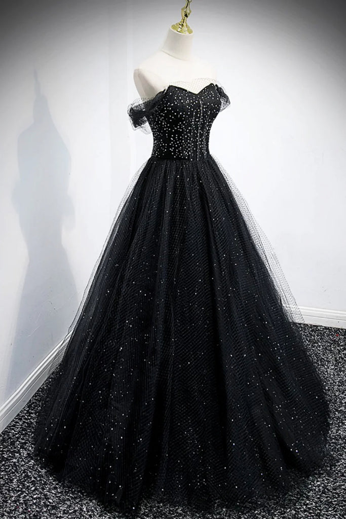 Black Tulle Off Shoulder Beaded Long Prom Dresses, Off the Shoulder Bl Lwt Dress Black Tulle Off Shoulder Beaded Long Prom Dresses, Off the Shoulder Bl Lwt Dress