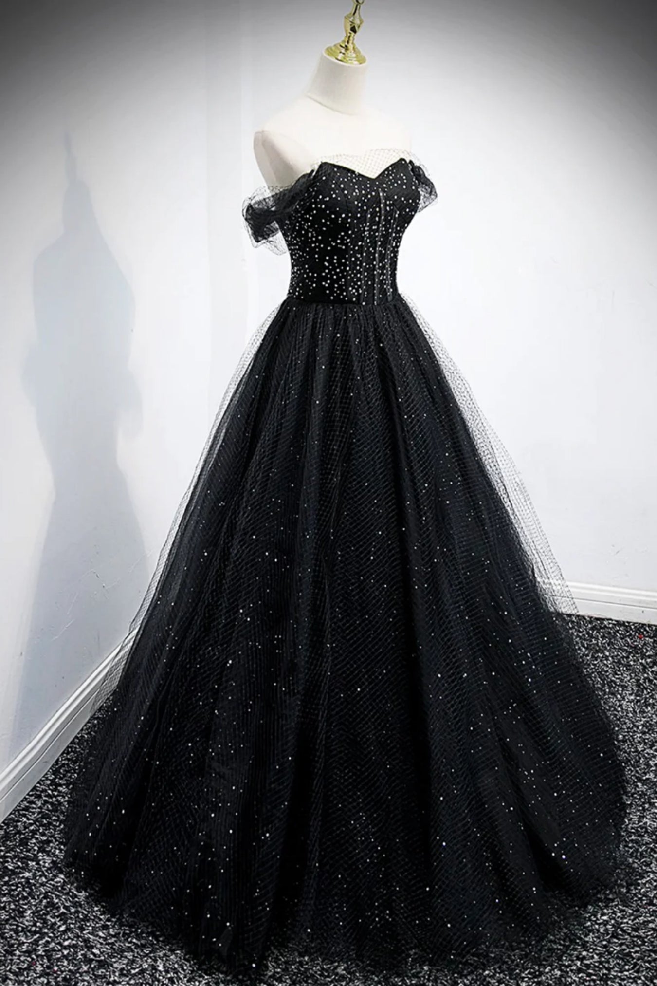 BlackTulleOffShoulderBeadedLon