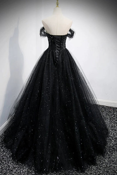 Black Tulle Off Shoulder Beaded Long Prom Dresses, Off the Shoulder Black Formal Dresses, Black Evening Dresses WT1391