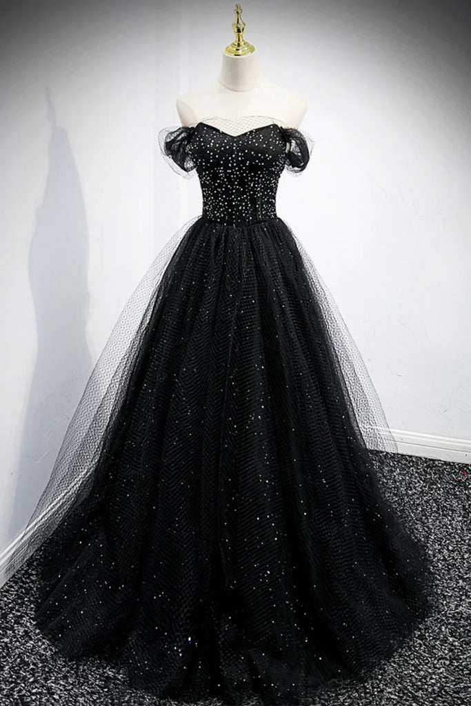 Black Tulle Off Shoulder Beaded Long Prom Dresses, Off the Shoulder Bl – Lwt Dress