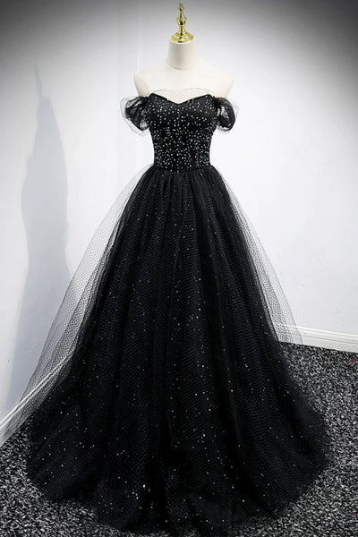 Black Tulle Off Shoulder Beaded Long Prom Dresses, Off the Shoulder Black Formal Dresses, Black Evening Dresses WT1391