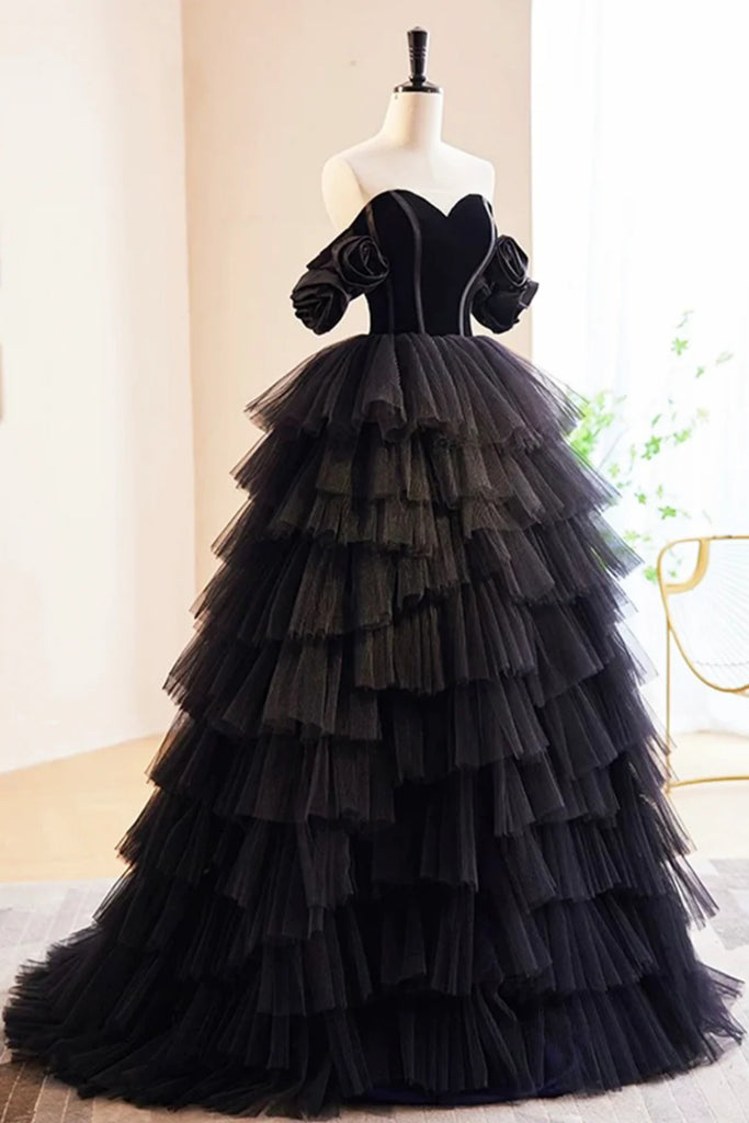 Black Tulle Off Shoulder Sweetheart Neck Layered Long Prom Dresses, Lo