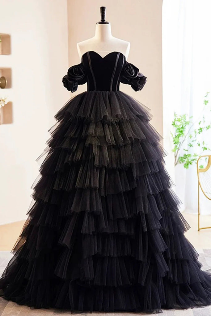 Black Tulle Off Shoulder Sweetheart Neck Layered Long Prom Dresses, Lo