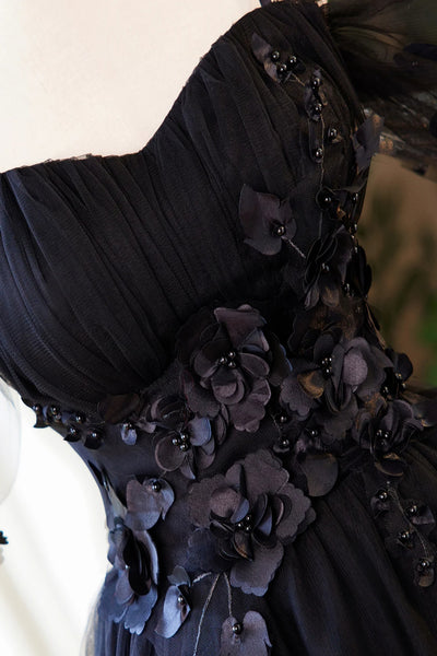Black Tulle Off the Shoulder Lace Floral Short Prom Dresses, Black Lace Homecoming Dresses, Black Formal Graduation Evening Dresses WT1653