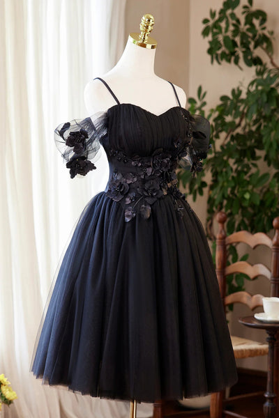 Black Tulle Off the Shoulder Lace Floral Short Prom Dresses, Black Lace Homecoming Dresses, Black Formal Graduation Evening Dresses WT1653
