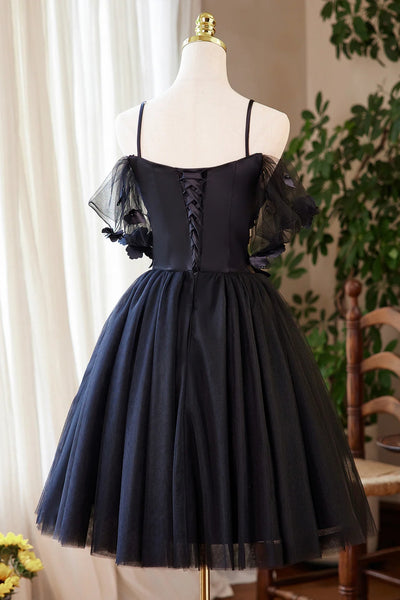 Black Tulle Off the Shoulder Lace Floral Short Prom Dresses, Black Lace Homecoming Dresses, Black Formal Graduation Evening Dresses WT1653