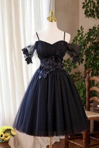 Black Tulle Off the Shoulder Lace Floral Short Prom Dresses, Black Lace Homecoming Dresses, Black Formal Graduation Evening Dresses WT1653