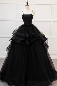 Black Tulle Spaghetti Straps Puffy Long Prom Dresses, Long Black Forma Lwt Dress Black Tulle Spaghetti Straps Puffy Long Prom Dresses, Long Black Forma Lwt Dress