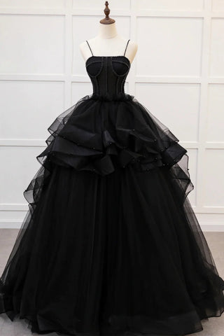 Black Tulle Spaghetti Straps Puffy Long Prom Dresses, Long Black Formal Evening Dresses WT1430