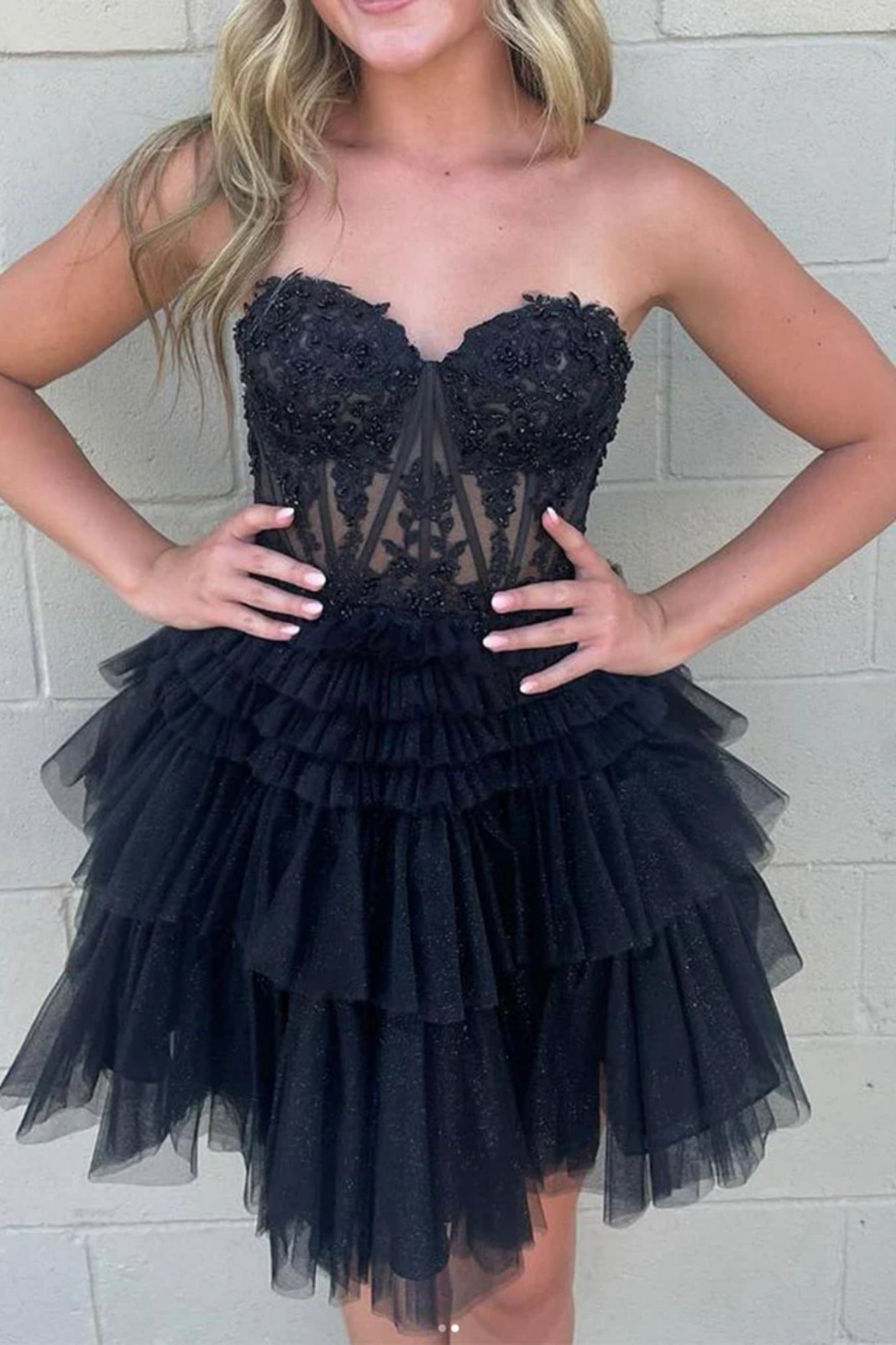 Black Tulle Strapless Sweetheart Neck Lace Short Prom Dresses, Black L