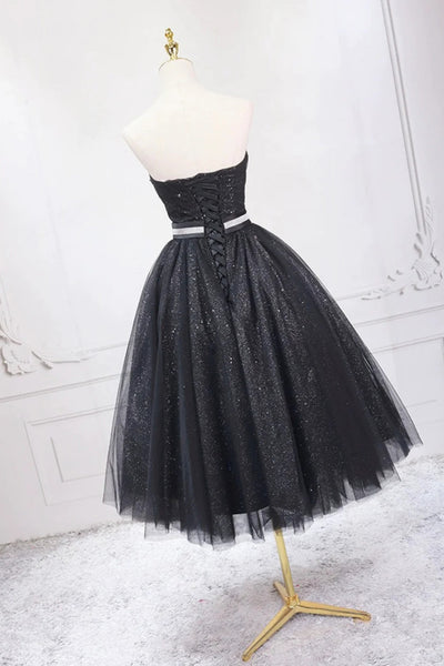 Black Tulle Sweetheart Neck Short Prom Dresses with Belt, Black Tulle Homecoming Dresses, Strapless Black Formal Evening Dresses WT1289
