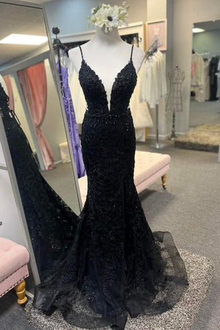 Black V Neck Mermaid Lace Long Prom Dresses, Mermaid Black Formal Dresses, Black Lace Evening Dresses WT1359