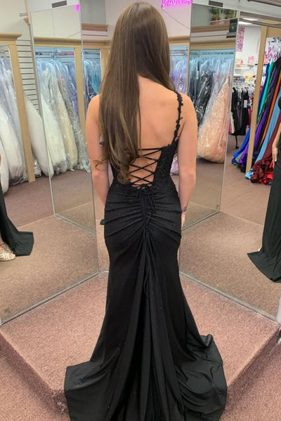 Black V Neck Open Back Mermaid Lace Long Prom Dresses with Train, High Slit Black Lace Formal Evening Dresses