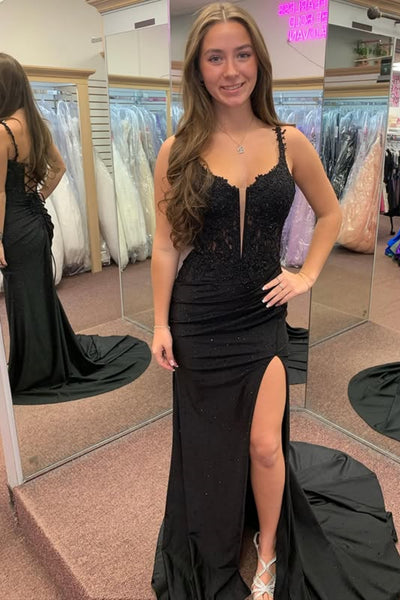 Black V Neck Open Back Mermaid Lace Long Prom Dresses with Train, High Slit Black Lace Formal Evening Dresses