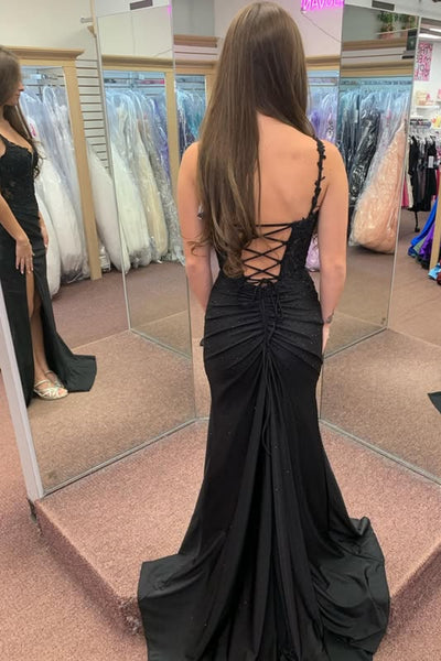 Black V Neck Open Back Mermaid Lace Long Prom Dresses with Train, High Slit Black Lace Formal Evening Dresses