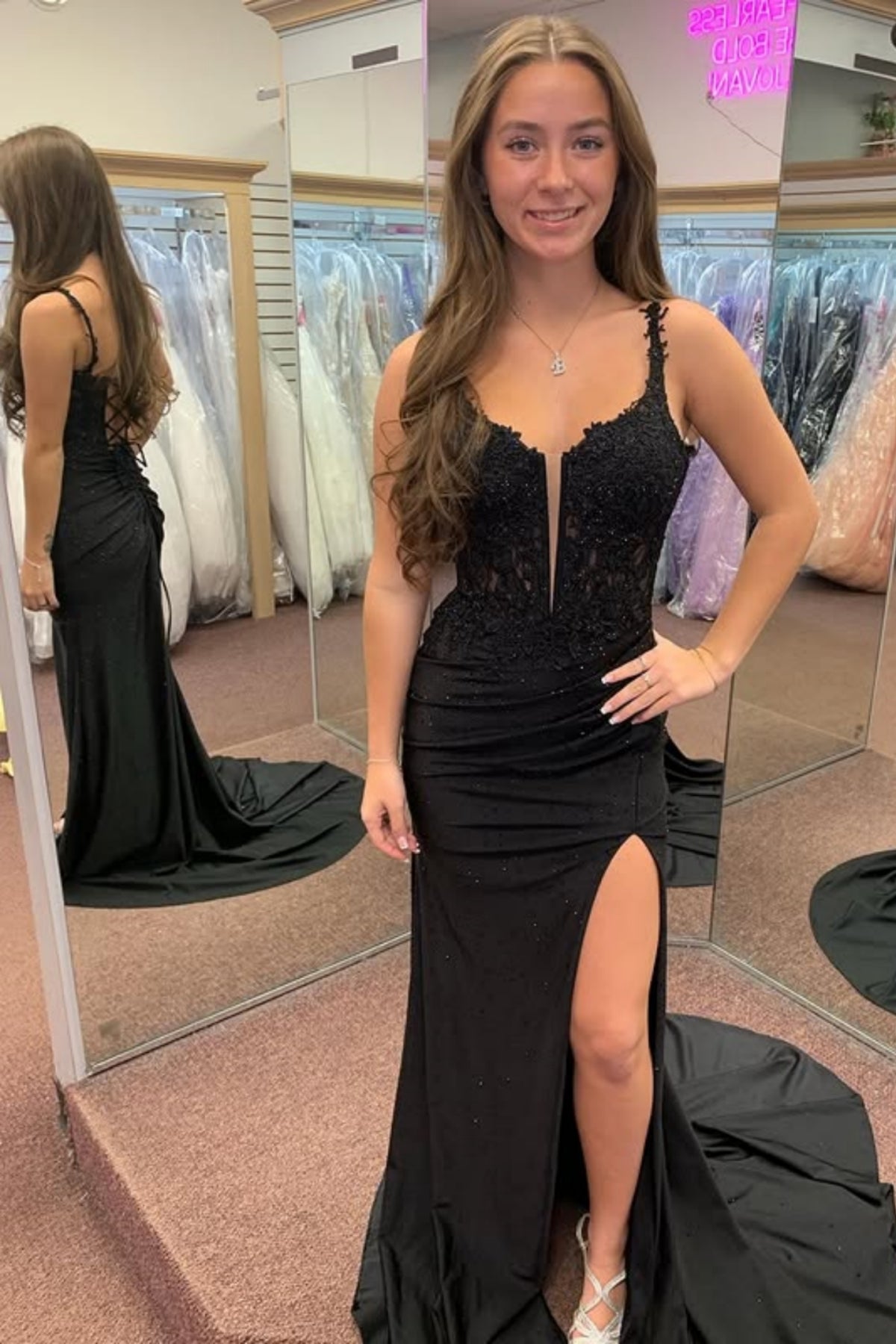 Black V Neck Open Back Mermaid Lace Long Prom Dresses with Train, High Slit Black Lace Formal Evening Dresses