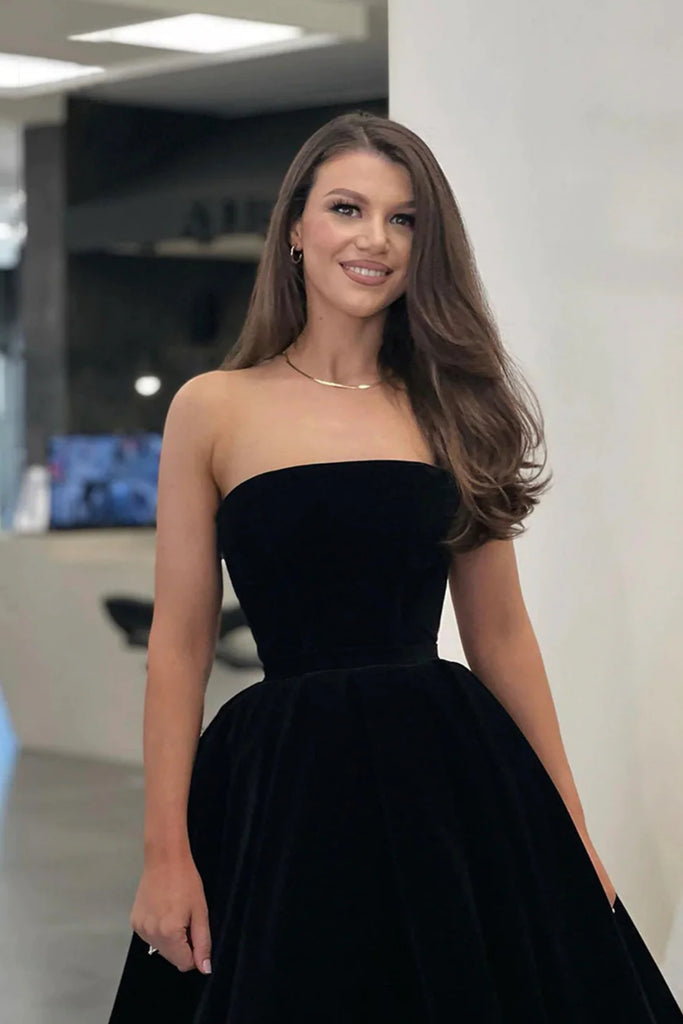 Black Velvet Strapless Short Prom Dresses, Black Velvet Homecoming Dre