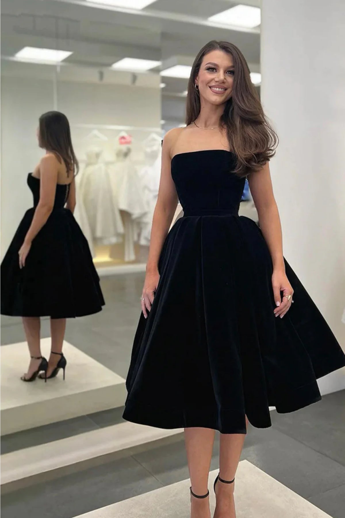 Black Velvet Strapless Short Prom Dresses, Black Velvet Homecoming Dre