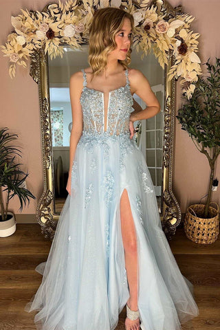 Blue A Line V Neck Lace Floral Long Prom Dresses, High Slit Blue Lace Formal Graduation Evening Dresses WT1575