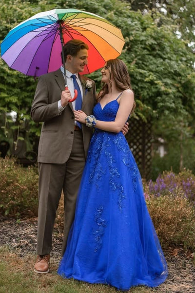 Blue A Line V Neck Lace Long Prom Dresses, Blue Lace Formal Dresses, Blue Evening Dresses WT1798