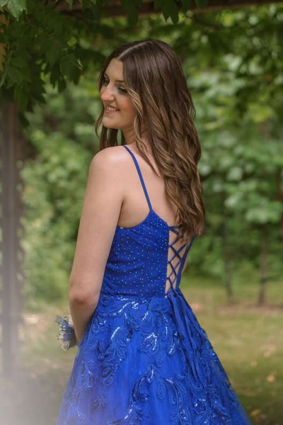 Blue A Line V Neck Lace Long Prom Dresses, Blue Lace Formal Dresses, Blue Evening Dresses WT1798