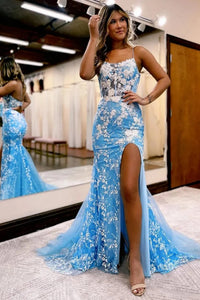 Blue Backless Mermaid Lace Long Prom Dresses, Mermaid Blue Lace Formal Dresses, Blue Evening Dresses WT1327