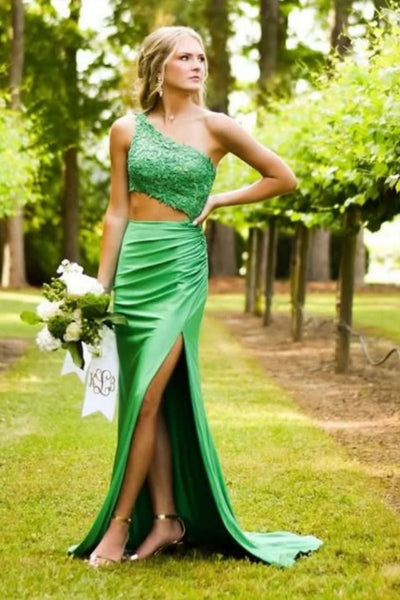 Blue/Green One Shoulder Mermaid Lace Long Prom Dresses with Slit, Mermaid Blue/Green Formal Dresses, Blue/Green Lace Evening Dresses WT1670