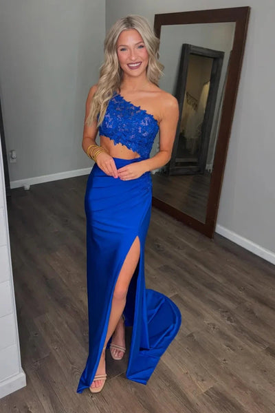 Blue/Green One Shoulder Mermaid Lace Long Prom Dresses with Slit, Mermaid Blue/Green Formal Dresses, Blue/Green Lace Evening Dresses WT1670