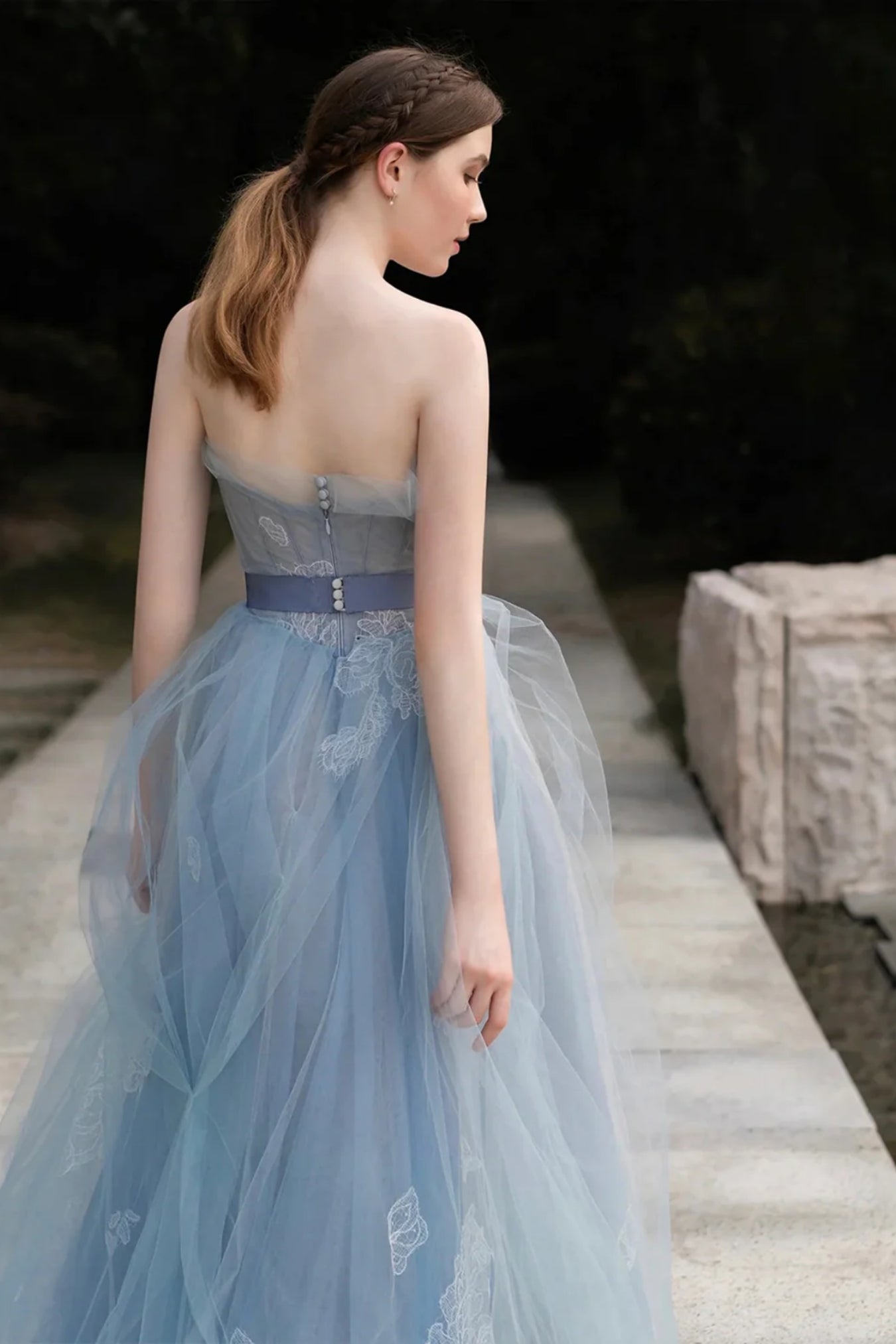Beautiful A line Strapless Floral Blue Long Prom Dress